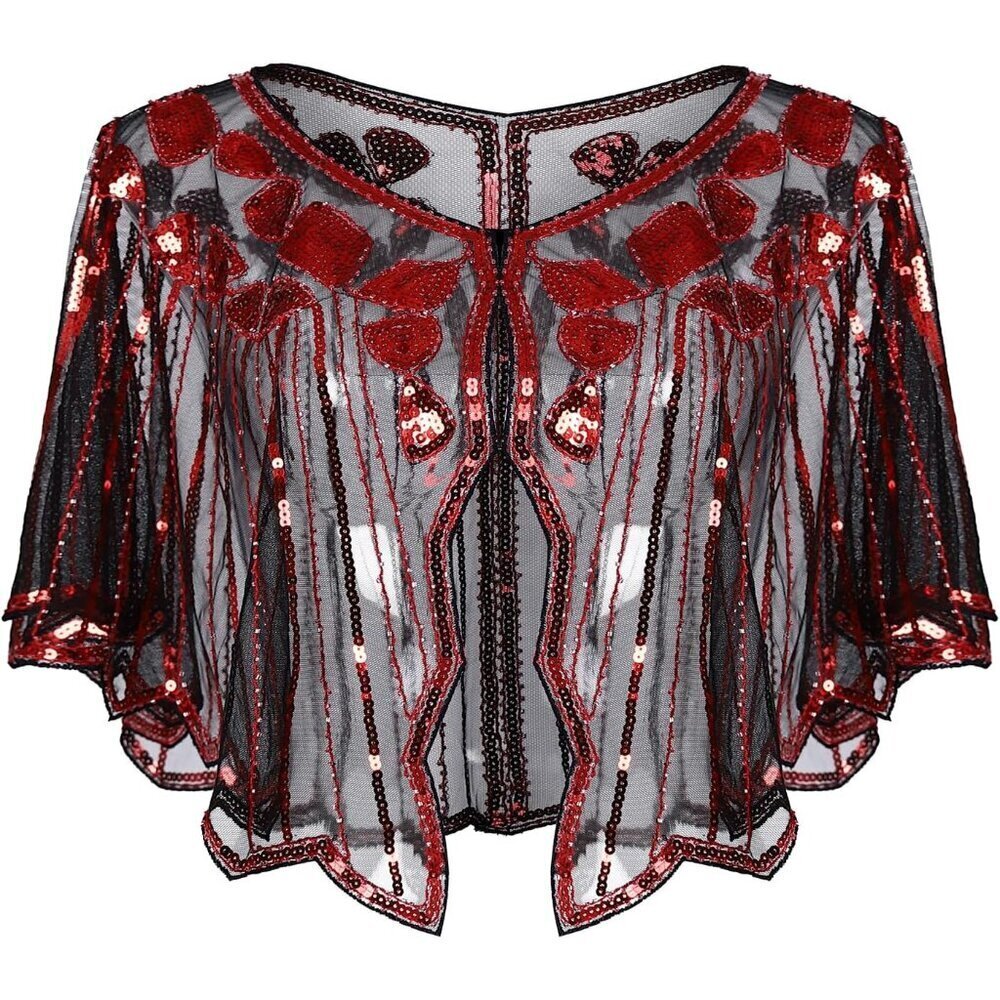 Women's 1920s Sequin Flapper Shawl Wrap Mesh Evening Accessory Red - Picture 4 of 5